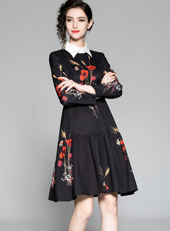 Elegant Black Contrast-collar Embroidered High Waist Dress