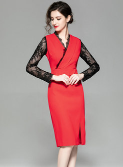 Stylish All Matched V-neck Lace Guipure Stitching Dress