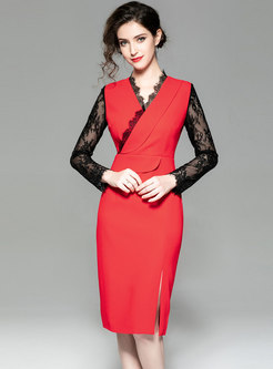 Stylish All Matched V-neck Lace Guipure Stitching Dress