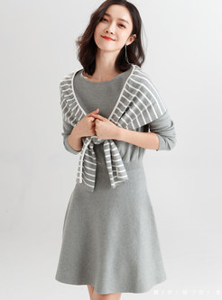 Pure Color O-neck Gathered Waist Knitted Dress With Striped Cape