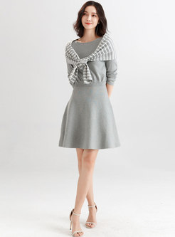 Pure Color O-neck Gathered Waist Knitted Dress With Striped Cape