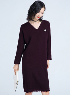 Casual Pure Color V-neck Tassel Loose Knitted Dress