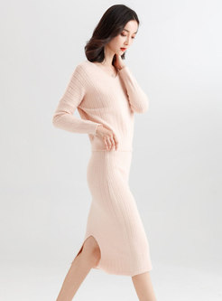 Brief Solid Color V-neck Knitted Top & Elastic Waist Slit Sheath Skirt