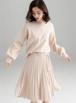 Elegant Pure Color O-neck Loose Top & High Waist Belted A Line Skirt