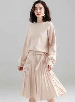 Elegant Pure Color O-neck Loose Top & High Waist Belted A Line Skirt