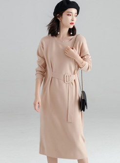 Stylish Solid Color O-neck Belted Knitted Dress