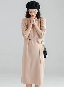 Stylish Solid Color O-neck Belted Knitted Dress
