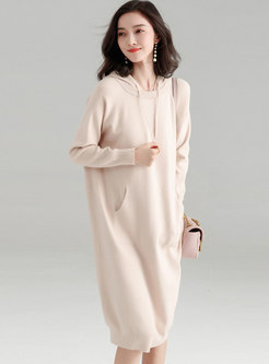 Solid Color Hooded Loose Knitted Dress