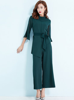 Fashion Perspective Flare Sleeve Striped Two Piece Outfits