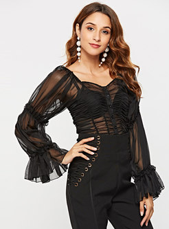 Pure Color Flare Sleeve See-through Blouse