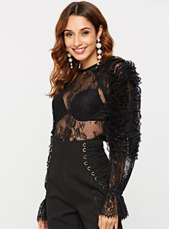 Sexy Lace Hollow Out O-neck Blouse
