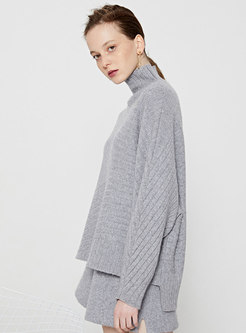 Casual Pure Color High Neck Loose Sweater
