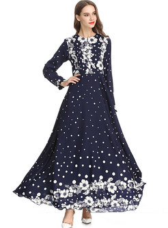 Vintage O-neck Floral Muslim Big Hem Maxi Dress