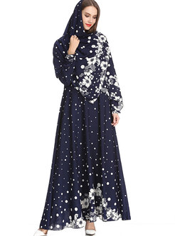 Vintage O-neck Floral Muslim Big Hem Maxi Dress