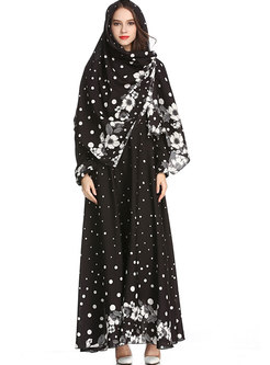 Vintage Black O-neck Floral Muslim Big Hem Maxi Dress