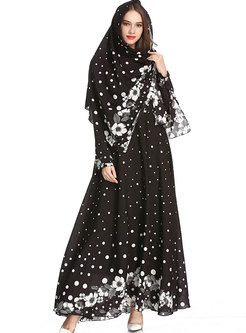 Vintage Black O-neck Floral Muslim Big Hem Maxi Dress