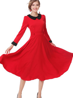 Elegant Red Contrast-collar Stitching Big Hem Dress