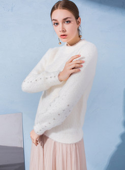 White O-neck Long Sleeve Beaded Thick Sweater