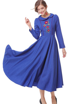 Trendy Blue Puff Sleeve Embroidered Maxi Dress 