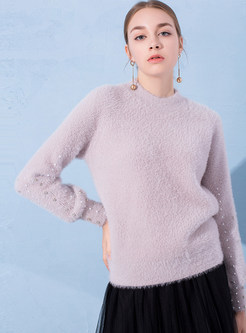 Brief Solid Color Beaded Thick Pullover Sweater