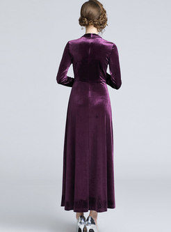 Elegant Stand Collar Velvet Retro Pleated Maxi Dress 