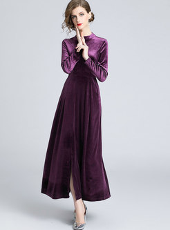Elegant Stand Collar Velvet Retro Pleated Maxi Dress 
