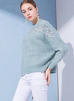 Trendy Standing Collar Beaded Pullover Sweater