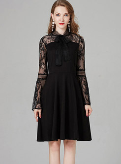 Sexy Lace Splicing Flare Sleeve Bowknot Skater Dress