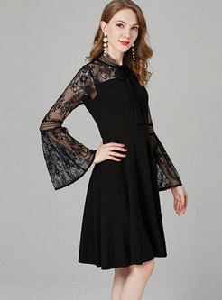 Sexy Lace Splicing Flare Sleeve Bowknot Skater Dress