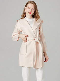 Solid Color Hooded Belted Slim Woolen Coat