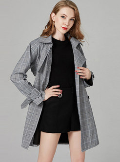 Elegant Grid Turn Down Collar Belted Trench Coat