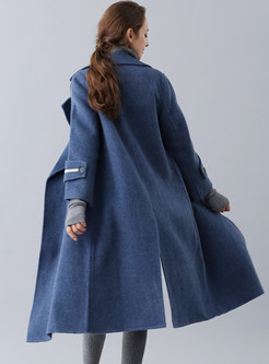 Solid Color Turn Down Collar Wool Knee-length Overcoat