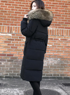 Black Fur Collar Hooded Waist Slim Knee-length Down Coat