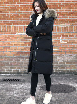 Black Fur Collar Hooded Waist Slim Knee-length Down Coat