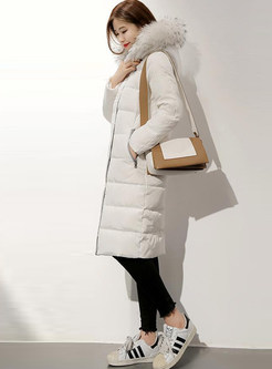 Pure Color Hooded Zippered Knee-length Down Coat