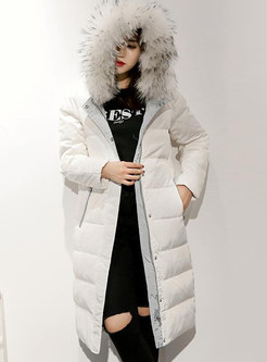 Pure Color Hooded Zippered Knee-length Down Coat