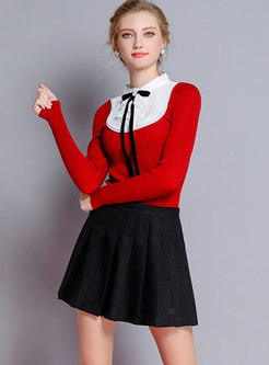 Color-blocked Splicing Bowknot Slim Sweater