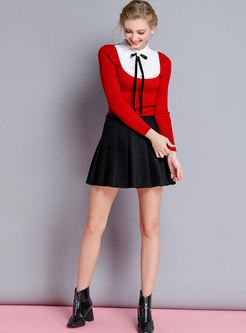 Color-blocked Splicing Bowknot Slim Sweater