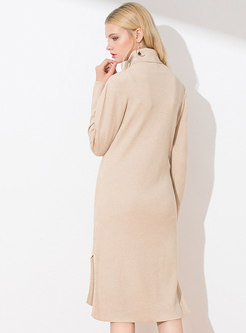Elegant Solid Color High Neck Side-slit Slim Knitted Dress