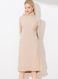 Elegant Solid Color High Neck Side-slit Slim Knitted Dress