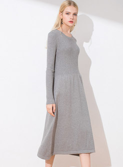 Solid Color O-neck A Line Knitted Two Piece Dress