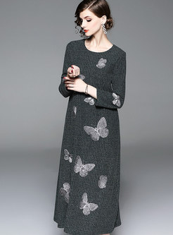 Fashion Butterfly Embroidery Knitted Bottoming Dress