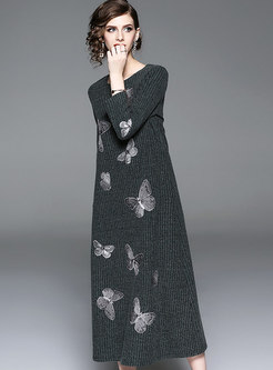 Fashion Butterfly Embroidery Knitted Bottoming Dress