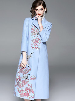 Notched Double-breasted Embroidered Long Overcoat