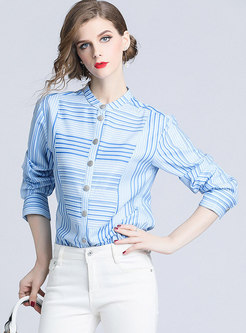 Brief Blue Stand Collar Single-breasted Blouse