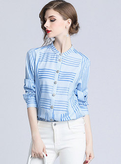 Brief Blue Stand Collar Single-breasted Blouse