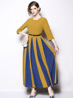 Stylish Three Quarters Sleeve Hit Color Slim Maxi Dress
