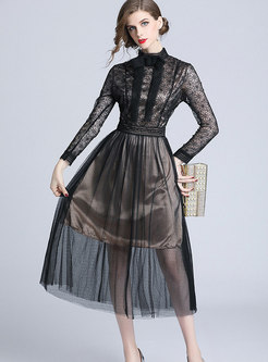 Black Mesh Lace-paneled Perspective Midi Cocktail Dress