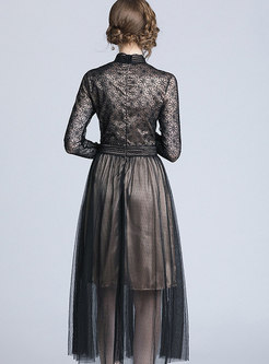 Black Mesh Lace-paneled Perspective Midi Cocktail Dress