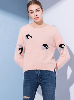 O-neck Color-blocked Print Slit Pullover Sweater